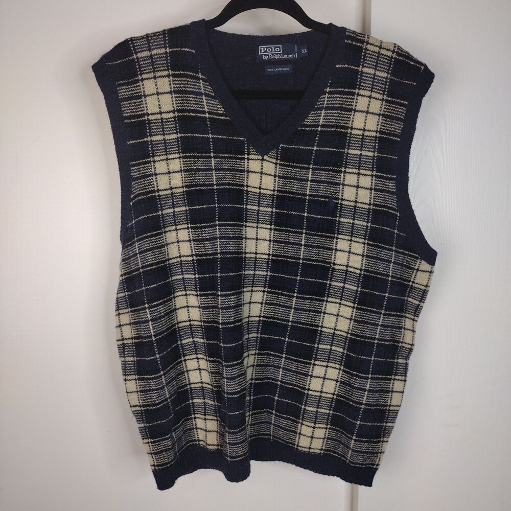 Polo Ralph Lauren Sweater Vest Mens XL V Neck Lambswool Blue Plaid Vintage